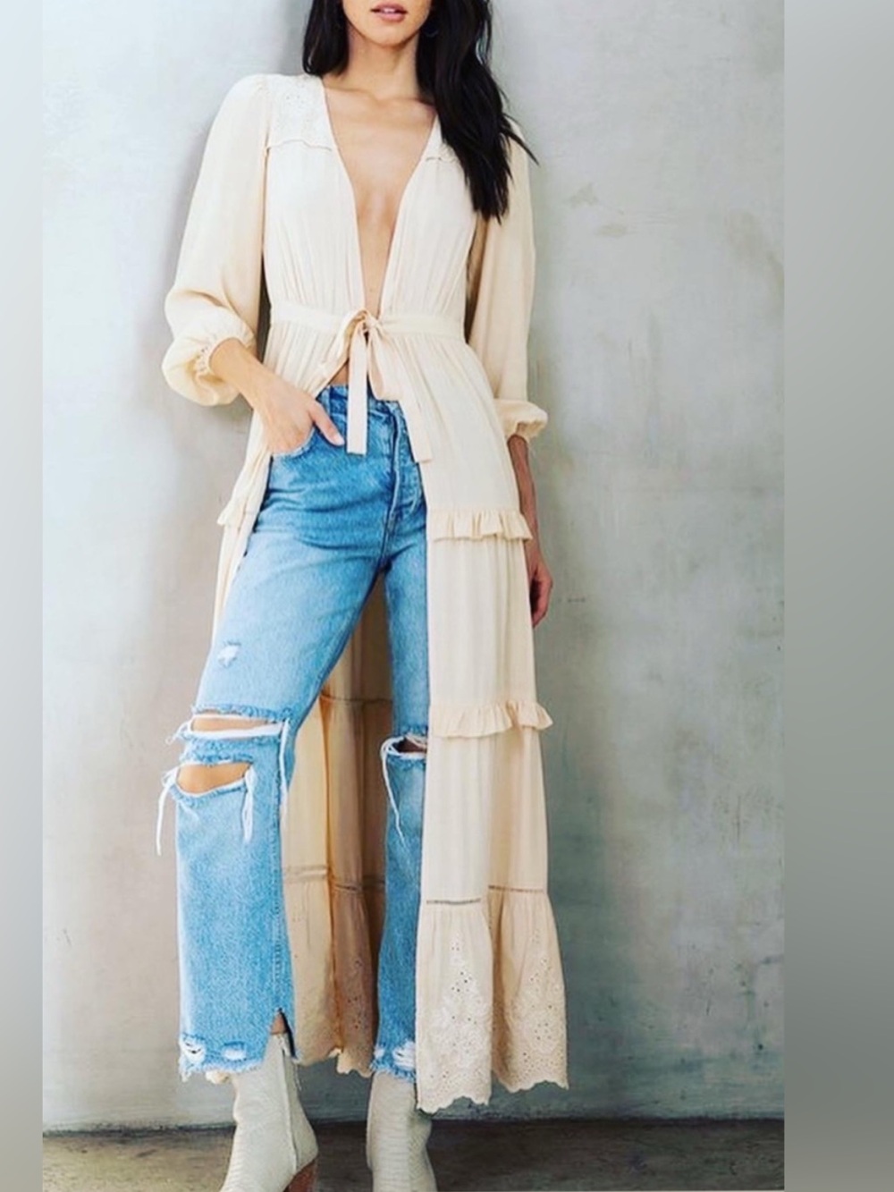NWT lovestitch Cream embroidered duster -waist tie cardigan Tiered Eyelet Maxi M